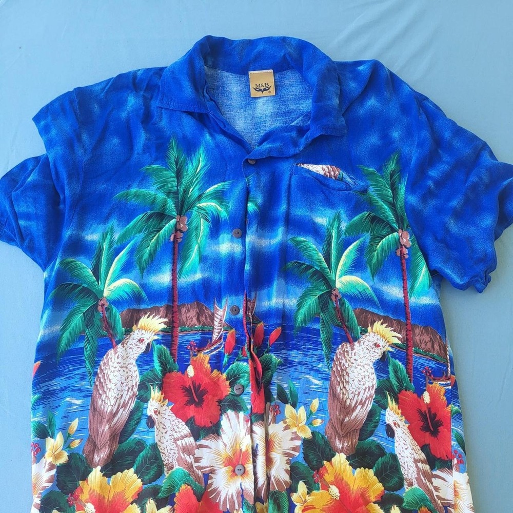 Vintage M&B Blue Tropical Hawaiian Shirt Parrot Hibiscus Print